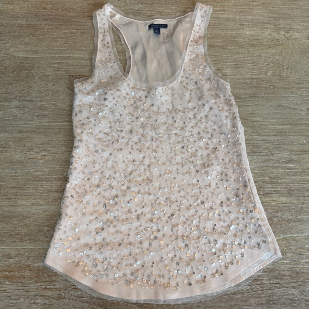 Y2K American Eagle “Going Out” 2010’s Sparkly Sequin Baby Pink Top, Nostalgic